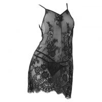 L1128 - Baju Tidur Lingerie Mini Dress Nightgown Gaun Pendek Hitam Transparan Bunga-Bunga