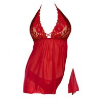 L1141 - Baju Tidur Lingerie Mini Dress Nightgown Gaun Pendek Halter Merah Transparan