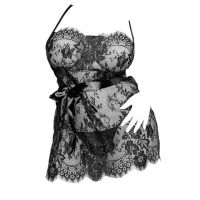 L1171 - Baju Tidur Lingerie Jumbo Big Size Mini Dress Nightgown Gaun Pendek Tali Silang Hitam Transparan Ikat Pinggang