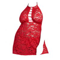 L1179 - Baju Tidur Lingerie Jumbo Big Size Mini Dress Nightgown Gaun Pendek Halter Merah Transparan