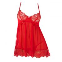 L1183 - Baju Tidur Lingerie Mini Dress Nightgown Gaun Pendek Merah Transparan Bra Kawat