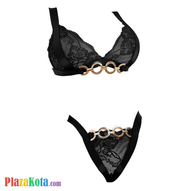 B371 - Bra Set Bralette Hitam Transparan Celana Dalam Rantai Gold