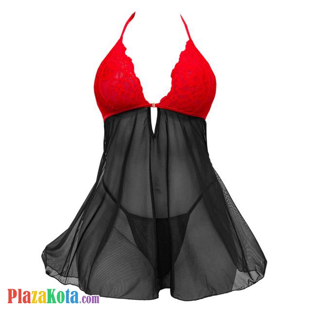 L1316 - Baju Tidur Lingerie Mini Dress Nightgown Gaun Pendek Halter Hitam Transparan Kombinasi Merah