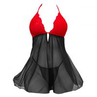 L1316 - Baju Tidur Lingerie Mini Dress Nightgown Gaun Pendek Halter Hitam Transparan Kombinasi Merah