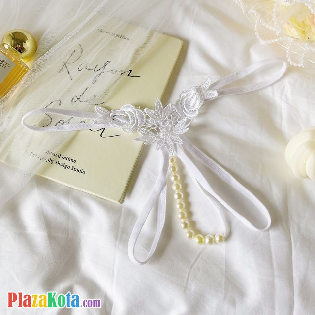 GS376 - Celana Dalam G-String Mutiara Crotchless Putih Brokat Bunga