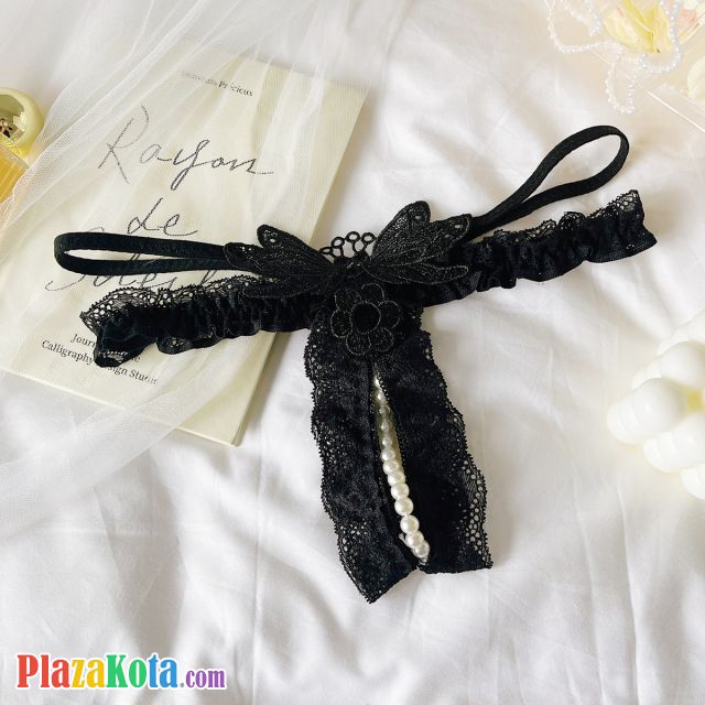 GS392 - Celana Dalam G-String Mutiara Crotchless Hitam Brokat Kupu-Kupu Karet Renda Tali 2