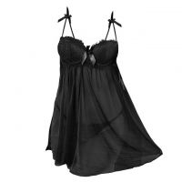 L1325 - Baju Tidur Lingerie Mini Dress Nightgown Gaun Pendek Hitam Transparan Bra Kawat Cup Busa