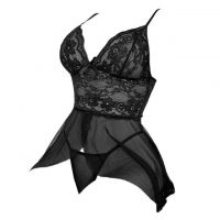 L1331 - Baju Tidur Lingerie Babydoll Mini Dress Hitam Transparan Belah Depan